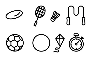 Outdoor Games Icons. Outline icon set of outdoor games: frisbee, badminton racket, soccer ball, jump rope,