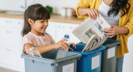 Little girl and mother sorting recyclables in kitchen with bins for bottles and newspapers