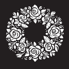Featuring Detailed Roses, Leaves, and Berries, Isolated on a black Background.