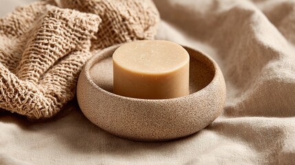 Artisan handmade soap bar resting in minimalist ceramic bowl, surrounded by natural beige linen and textured washcloth, creating serene spa-like composition