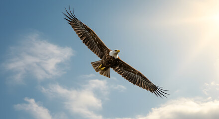 Fototapeta premium Bald eagle soaring gracefully in a clear blue sky with sunlight 