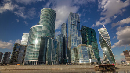 Fototapeta premium Moscow City business center skyscrapers office buildings and luxury apartments timelapse hyperlapse.