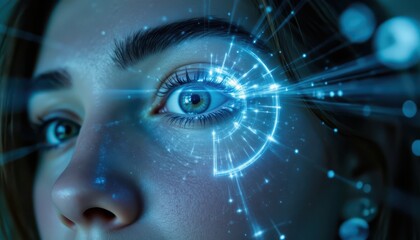 Luminous gaze, portrait of a woman with glowing blue eye radiating light mystical