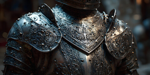 Ancient metal armor showcasing the formidable style of the medieval knight. This medieval knight armor concept evokes the essence of epic battles and can serve as a backdrop for text.