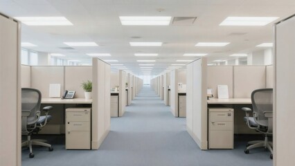 Modern empty office with rows of cubicles under bright lighting in a corporate work environment.