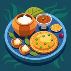 Traditional Indian food platter with dairy. chutney. and sweets arranged on a decorative tray. Colorful. stylized display of regional delicacies.