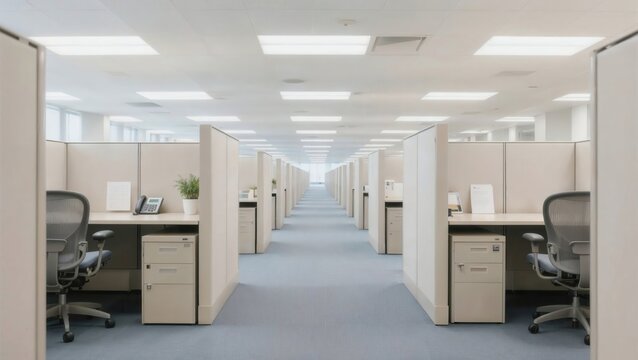 Modern empty office with rows of cubicles under bright lighting in a corporate work environment.