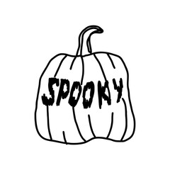 Halloween pumpkin with spooky lettering in bold black doodle style on transparent background for creepy seasonal invitations, party flyers, posters and autumn horror decor