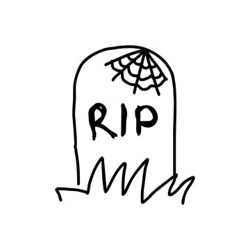 Cartoon RIP tombstone gravestone with spider web doodle in black outline on transparent background, great for Halloween party decor, spooky invitation cards, or creepy vector sets