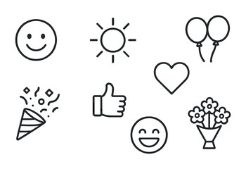 Joyful Icons Collection. Outline icon set of happiness: smiling face, sun, heart, balloons, confetti, thumbs