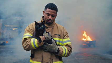Firefighter rescuing black cat from building fire