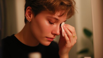 Fototapeta premium Young person removing makeup in a softly lit bathroom during evening hours while preparing for bedtime routine