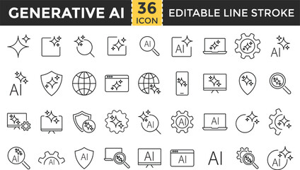 Generative AI icon set. Artificial intelligence icons collection.  Pixel perfect. Containing AI, deep learning, machine learning, data Science, automation, AI image generator. Generative AI outline