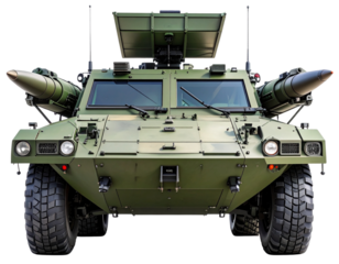  Armored Vehicle with Deployed Radar and Missile Pods, Front-Angle View, Isolated Transparent Background PNG