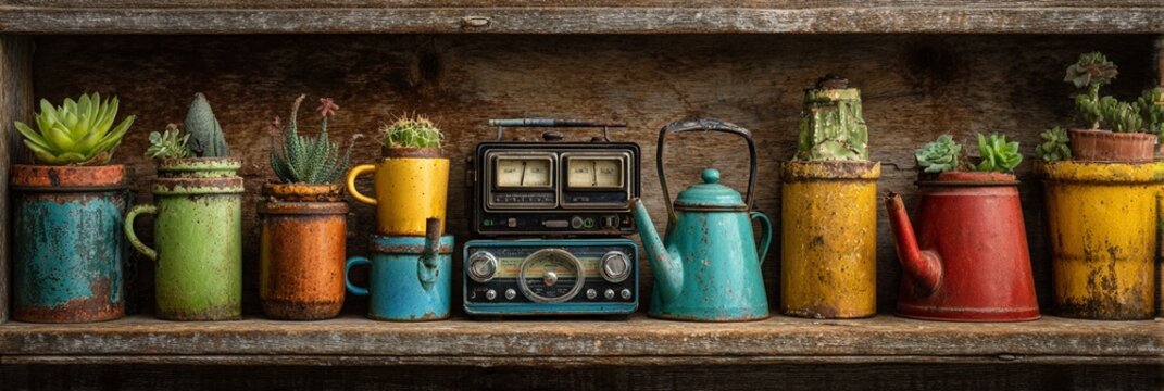 Vintage radio and colorful ceramic pots with succulents create a nostalgic still life scene on rustic wooden shelves, capturing retro charm and botanical beauty