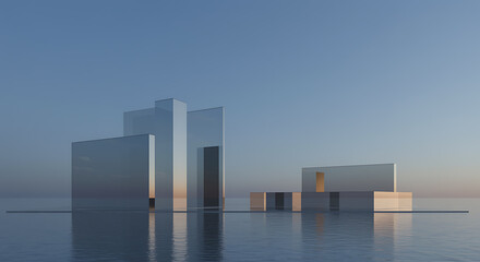 Fototapeta premium Geometric glass structures reflecting serene sky and water architecture abstract
