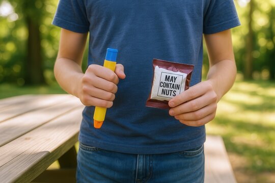 Teen holding EpiPen and snack with nut allergy warning at park picnic table