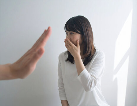 Surprised Woman Covering Her Mouth 驚く女性が顔をそらして手で口を覆う