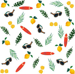 Seamless Summer Pattern with Lemons, Fern Leaves, Surfboards, and Sunglasses – Transparent Background