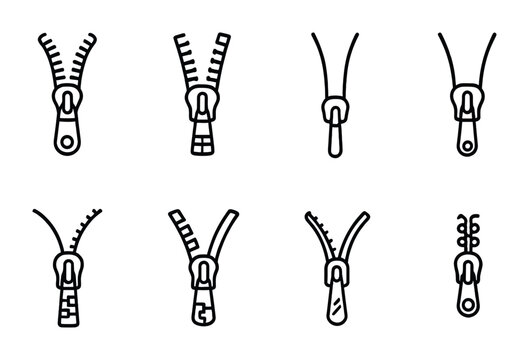 Zipper Types Icons. Outline icon set of Zipper types: coil zipper, metal zipper, invisible zipper, plastic