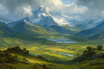 Fototapeta premium Scenic Mountain Valley Landscape With River And Village