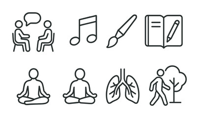 Therapeutic Techniques Icons. Outline icon set of therapeutic techniques: talk therapy, music note, paintbrush