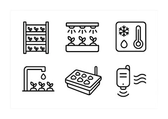 Indoor Farming Icons. Outline icon set of Indoor vertical farming: vertical racks, LED lights, irrigation