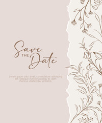 Boho Floral Border Save the Date Invitation. Rustic Floral "Save the Date" Card with Torn Paper Edge