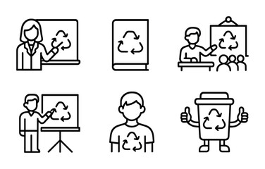 Fototapeta premium Recycling Education Icons. Outline icon set of Recycling education: teacher, school, pamphlet, recycling