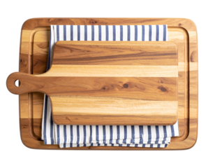 Vintage Wooden Cheese Board and Striped Napkin Flat Lay, Isolated on White Background PNG