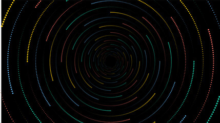Abstract multicolor dotted concentric circle vector on black background &ndash; digital wave vortex, sound visualization, futuristic tunnel effect for technology, AI, music visualizer, Vector Background