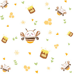 Honey Bee Pattern, Seamless Bee Pattern, Cute Hand Drawn Summer Flowers, Honeycomb Background, Hand Drawn Honey Template, Kids Fabric Design, Summer Illustration, Sweet Bee Pattern.