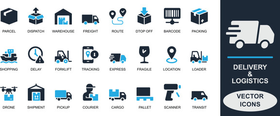 Delivery and logistics flat vector icons with parcel, courier, shipping, barcode, cargo, warehouse, tracking, route, and pallet. Best for apps, UI, and business use.
