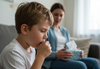 Young boy coughing on sofa with caring mother holding tissues in background