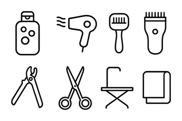 Obraz premium Dog Grooming Icons. Outline icon set of dog grooming: shampoo, dryer, clipper, brush, nail clippers, scissors,