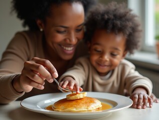 Heartwarming moment: African American mother and her son enjoy pancakes together at home