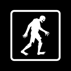Fototapeta premium Undead silhouette stalks cautiously within enclosed warning sign on dark background
