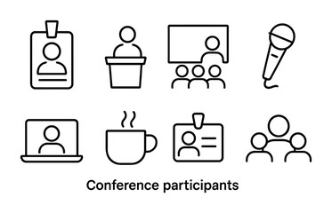 Conference Icons Set. Outline icon set of conference participants: badge, podium, presentation screen,