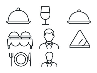 Catering Icons Collection. Outline icon set of event catering: food tray, drink glass, serving platter, buffet