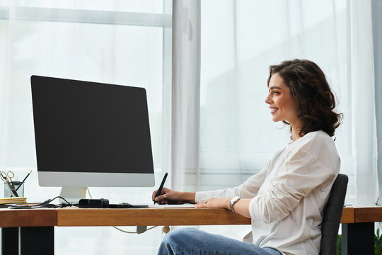 Freelancer absorbed in retouching work with graphic tablet at home desk