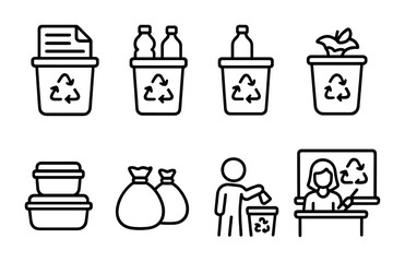 Classroom Waste Icons. Outline icon set of classroom waste management: paper recycling, plastic sorting, glass
