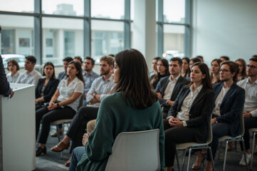 Fototapeta premium Diverse audience engaged during business presentation in modern conference room