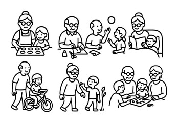 Fototapeta premium Grandparent Activities Icons. Outline icon set of grandparent activities with grandchildren: baking cookies,