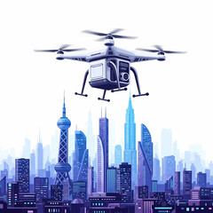 A drone flies over a futuristic cityscape with tall skyscrapers, suggesting delivery or surveillance technology over a modern urban environment.