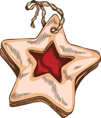 Watercolor illustration of star shaped cookie on a string, holiday hand drawn decoration. © sabelskaya