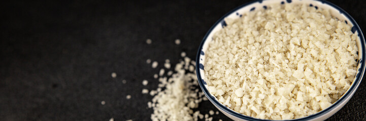 Food salt crystals sea food salt spices food additive gourmet food background on the table rustic food top view copy space