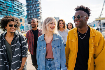 Group of diverse friends walking together in trendy casual outfits, laughing and chatting on a sunny day, urban environment.