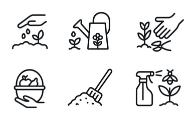 Fototapeta premium Seasonal Gardening Icons. Outline icon set of seasonal gardening activities: seed planting, watering, weeding,
