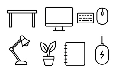Fototapeta premium Home Office Essentials. Outline icon set of home office setup: desk, monitor, keyboard, mouse, desk lamp,