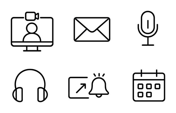 Modern Communication Icons. Outline icon set of communication tools: video conference, chat bubbles, email,